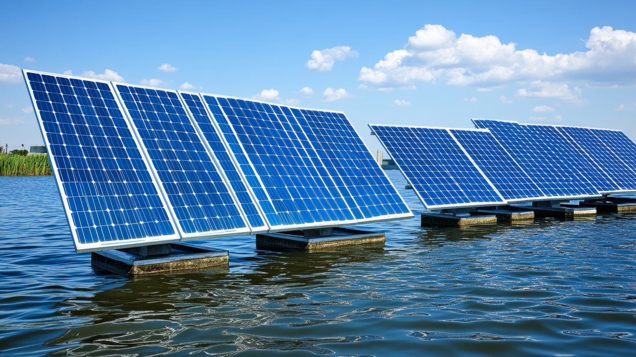 A vibrant image of floating solar panels on calm ocean waters, showcasing innovative renewable energy solutions in a natural setting under a clear blue sky.