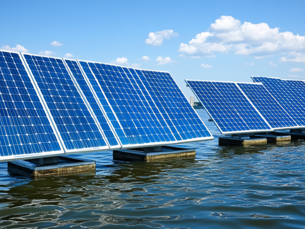 A vibrant image of floating solar panels on calm ocean waters, showcasing innovative renewable energy solutions in a natural setting under a clear blue sky.