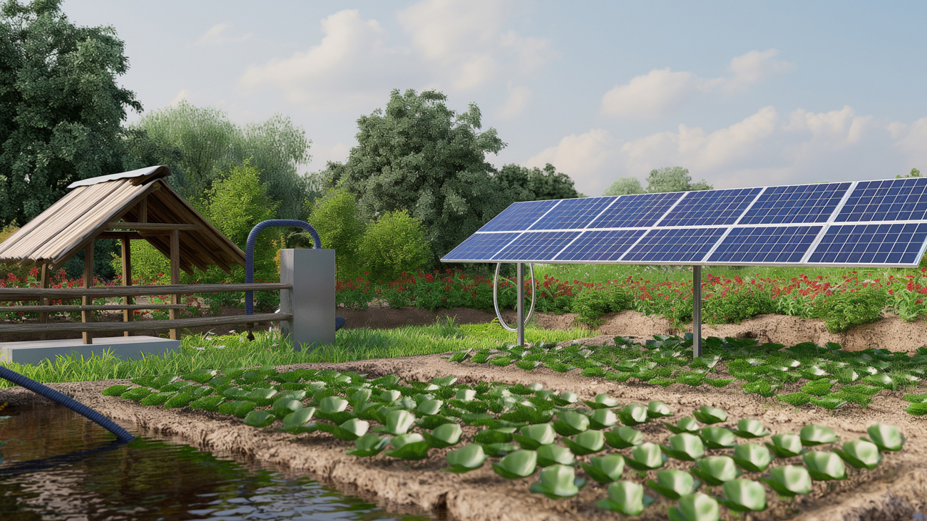 solar powered water pump at agriculture farm, eco friendly green