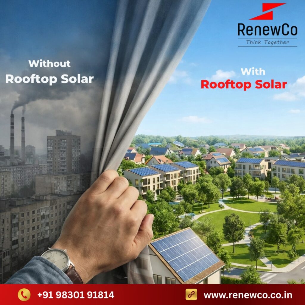 Best solar panel company in Kolkata, RenewCo, showcasing the contrast between a polluted city without solar and a clean, green community with rooftop solar installations.