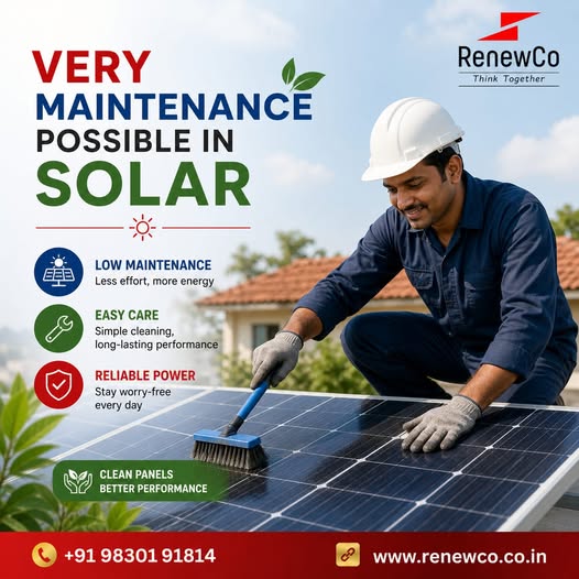 Best solar panel company in Kolkata, RenewCo, showing a technician cleaning a residential rooftop solar panel setup with a brush to highlight low maintenance.