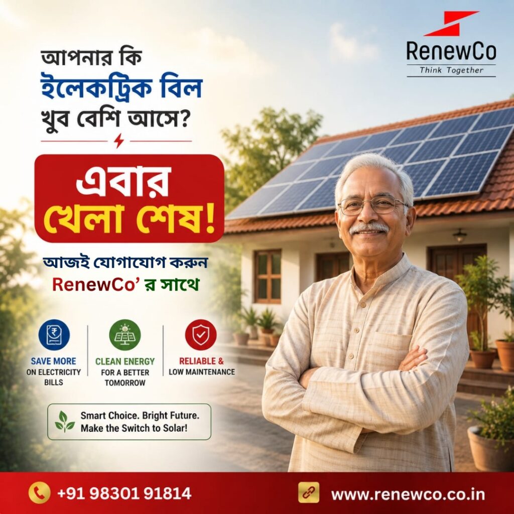 Best solar panel company in Kolkata, RenewCo, providing reliable rooftop solar installations to help homeowners save on electricity bills.