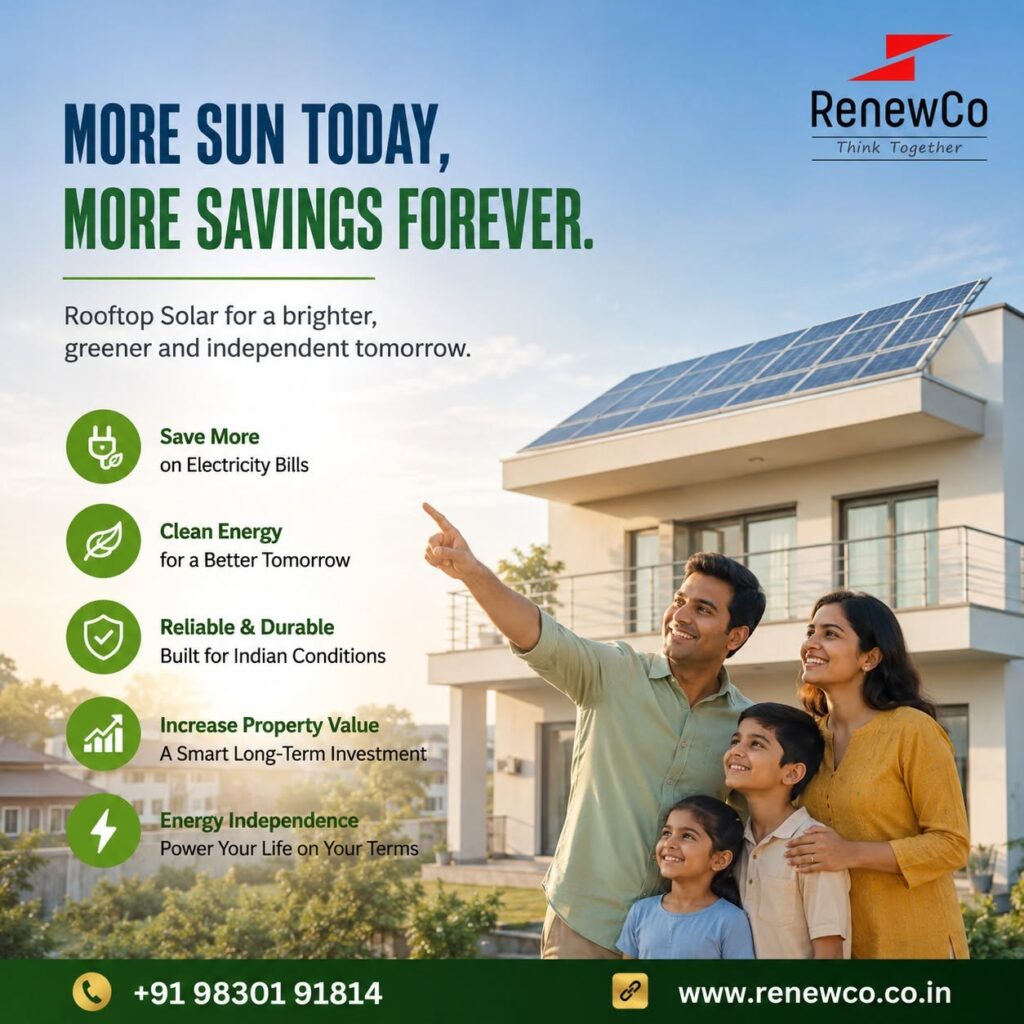 Best solar panel company in Kolkata, RenewCo, showing a happy family looking up at their modern residential home equipped with rooftop solar panels.