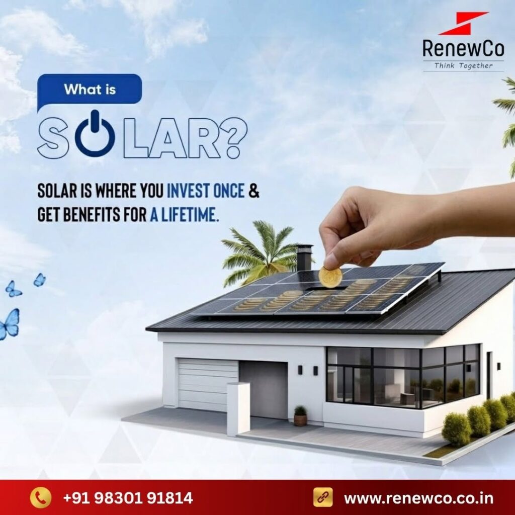 Best solar panel company in Kolkata, RenewCo, depicting a hand dropping coins onto a modern residential home roof equipped with solar panels to illustrate a one-time lifetime investment.