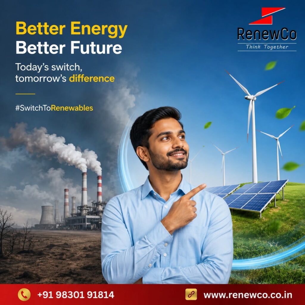 Best solar panel company in Kolkata, RenewCo, showing a man pointing away from a polluting factory toward clean solar panels and wind turbines.
