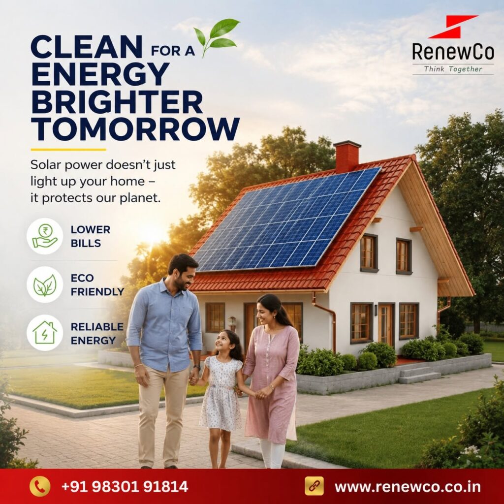 Best solar panel company in Kolkata, RenewCo, showing a family walking outside their beautiful modern home equipped with rooftop solar panels under a bright sky.