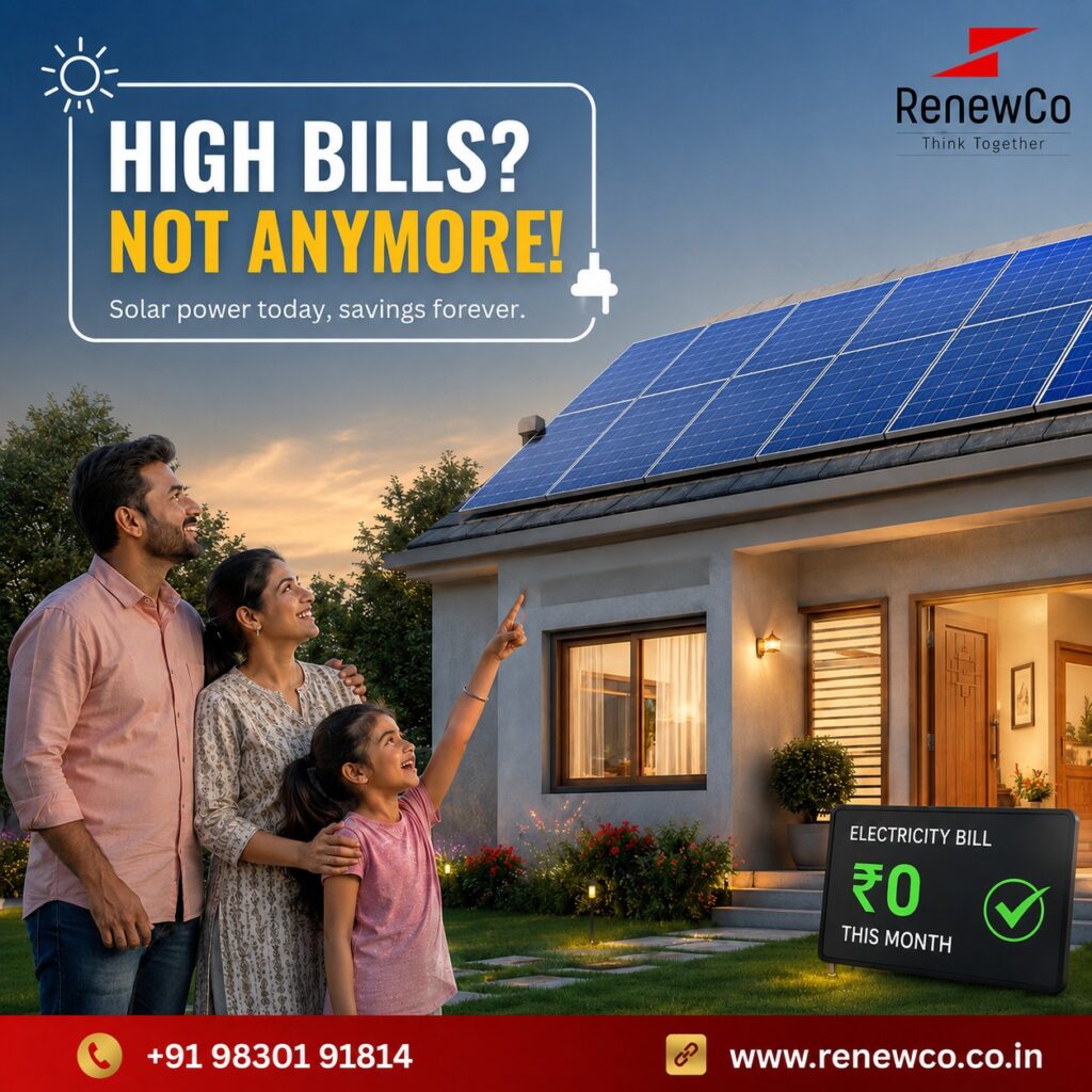 Best solar panel company in Kolkata, RenewCo, showing a happy family looking up at their house with rooftop solar panels next to a digital sign reading electricity bill zero rupees.