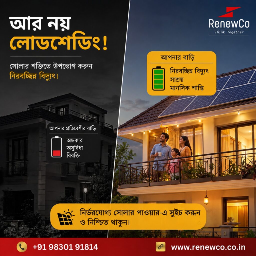 Best solar panel company in Kolkata, RenewCo, showing a bright solar-powered house with full battery backup next to a dark neighborhood during load shedding.