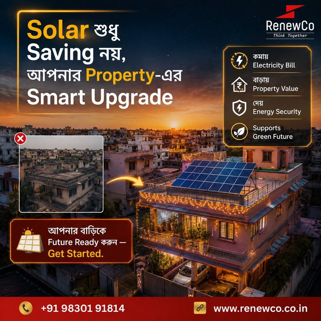Best solar panel company in Kolkata, RenewCo, showcasing a modern home transformed with a rooftop solar panel installation, highlighting key benefits like lower bills and higher property value.