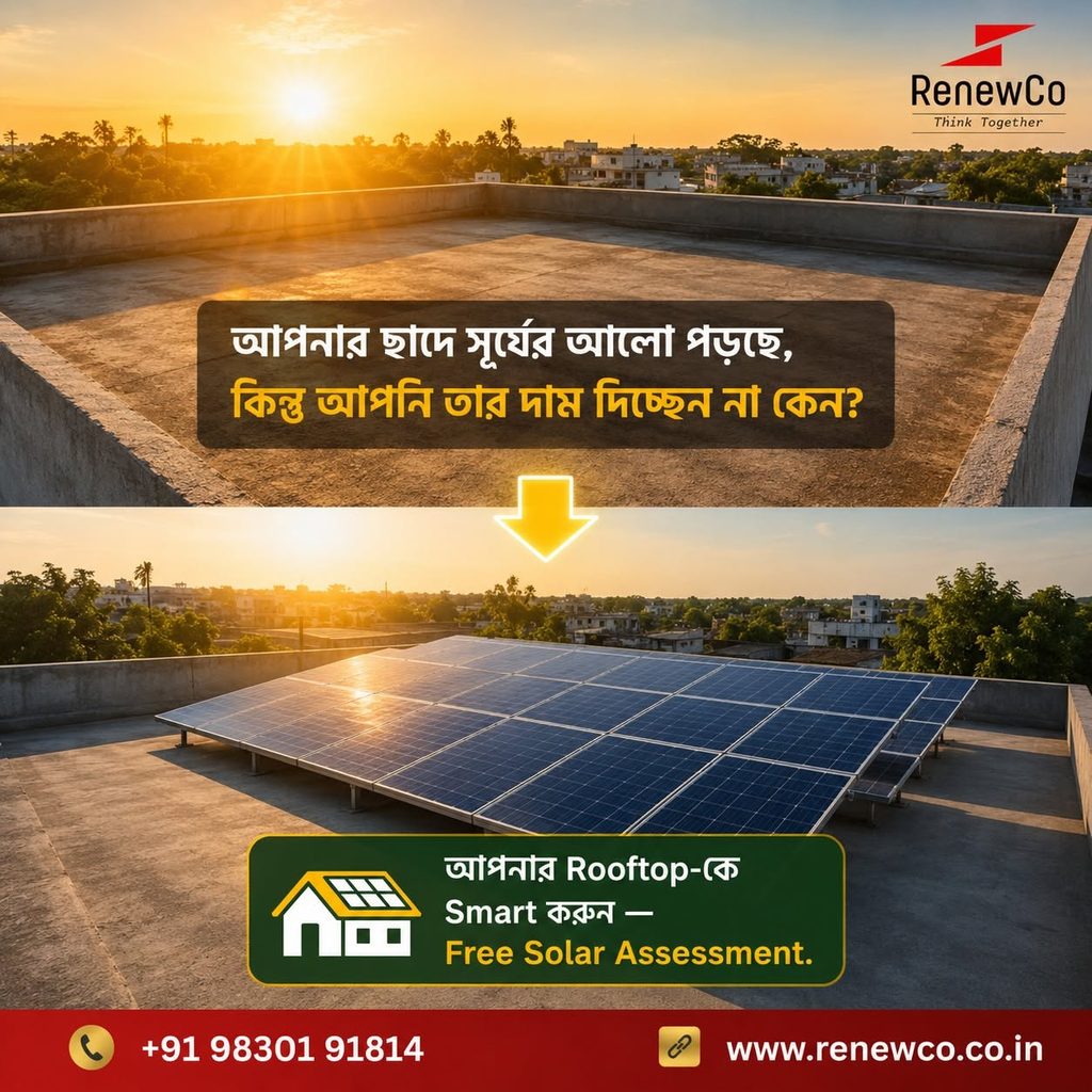 Best solar panel company in Kolkata, RenewCo, showing a before-and-after comparison of an empty concrete rooftop transformed into a smart rooftop solar panel installation.