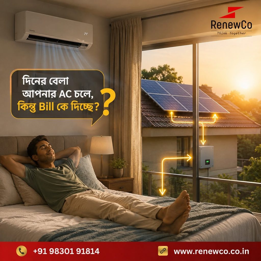 Best solar panel company in Kolkata, RenewCo, depicting a homeowner enjoying air conditioning at home powered by a rooftop solar panel installation.