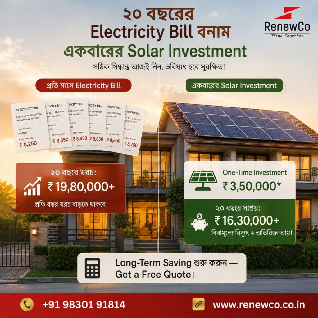 Best solar panel company in Kolkata, RenewCo, comparing ₹19.8 Lakhs+ in 20-year electricity bills against a ₹3.5 Lakhs* one-time solar setup for ₹16.3 Lakhs+ savings.