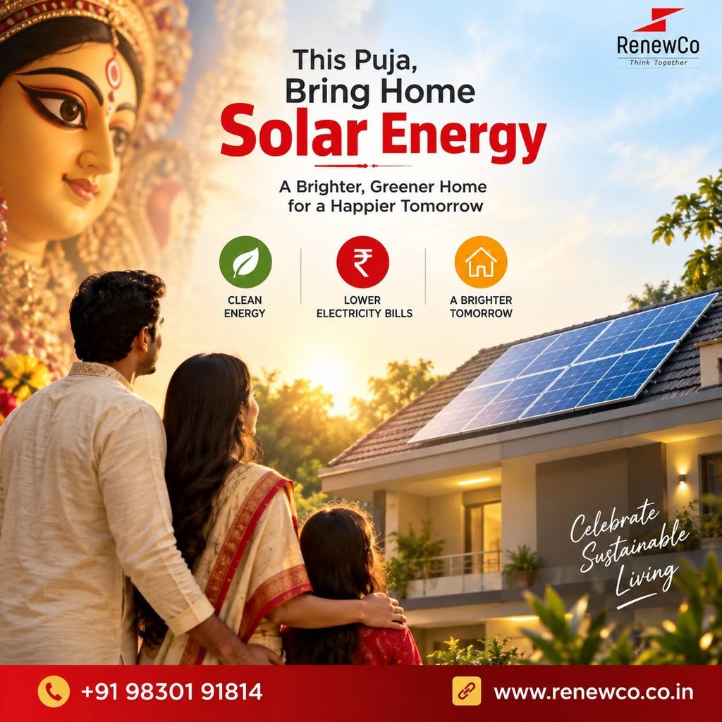 Best solar panel company in Kolkata, RenewCo, showing a family celebrating Durga Puja while admiring their rooftop solar panel installation for a greener home.