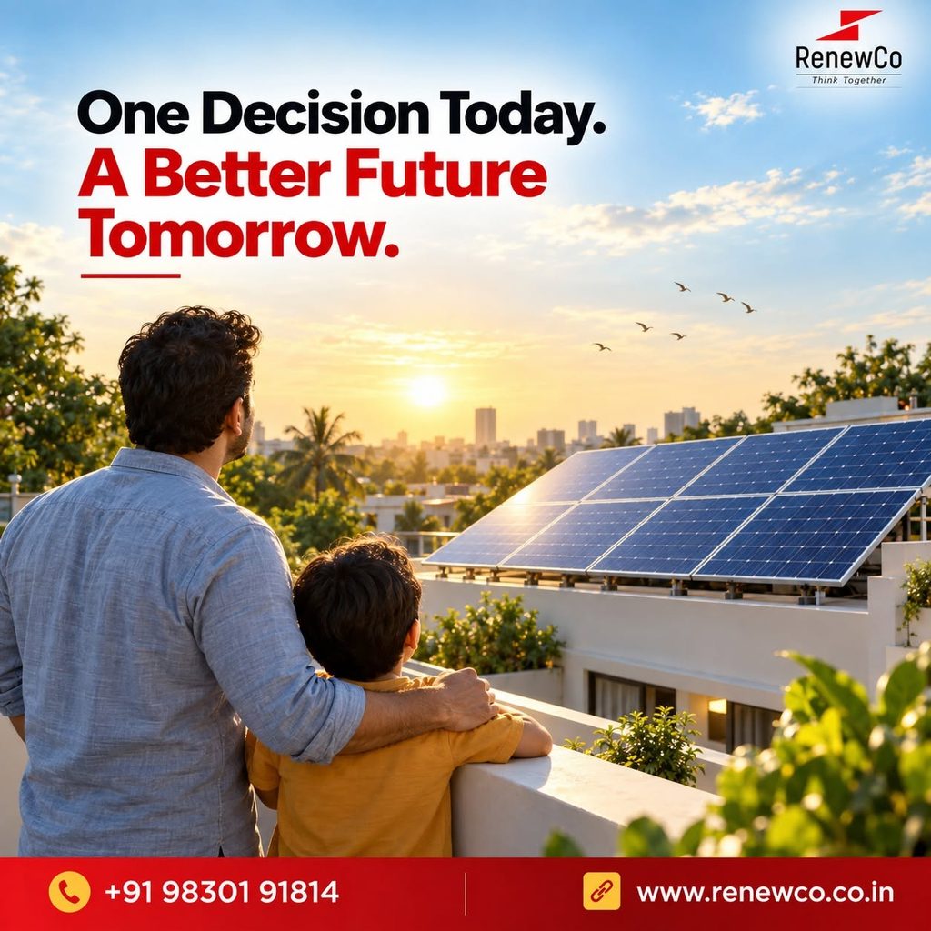 Best solar panel company in Kolkata, RenewCo, showing a father and child looking at their home's rooftop solar panels under a clear sky.